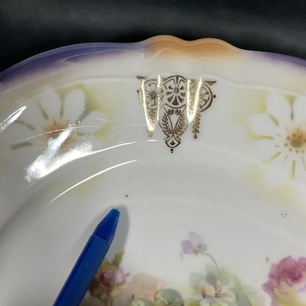 VTG German Porcelain Lusterware Roses Flowers Enclosed Handle‎ Cake Plate 9.75”